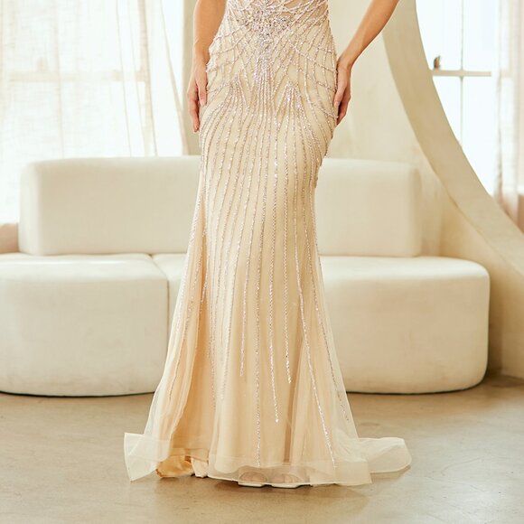 New Formal Sheath Maxi Dress w/ Sheer Boned Bodice & Lace Up Back AC 2136 - Picture 10 of 10